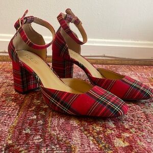 Jcrew red plaid block heel